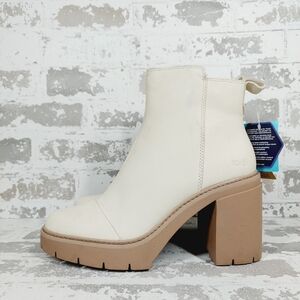 NEW Toms Rya White Tan Leather Block Heeled Ankle Boots K339